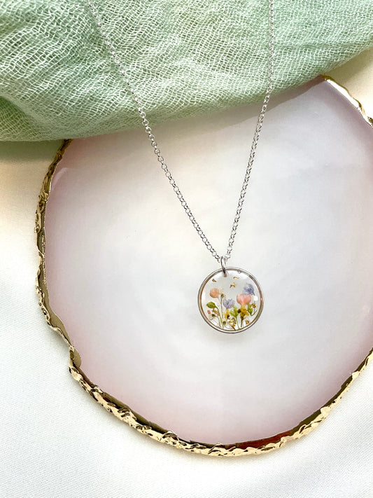 Sterling Silver Floral Resin Pendant – Dried Flower Necklace