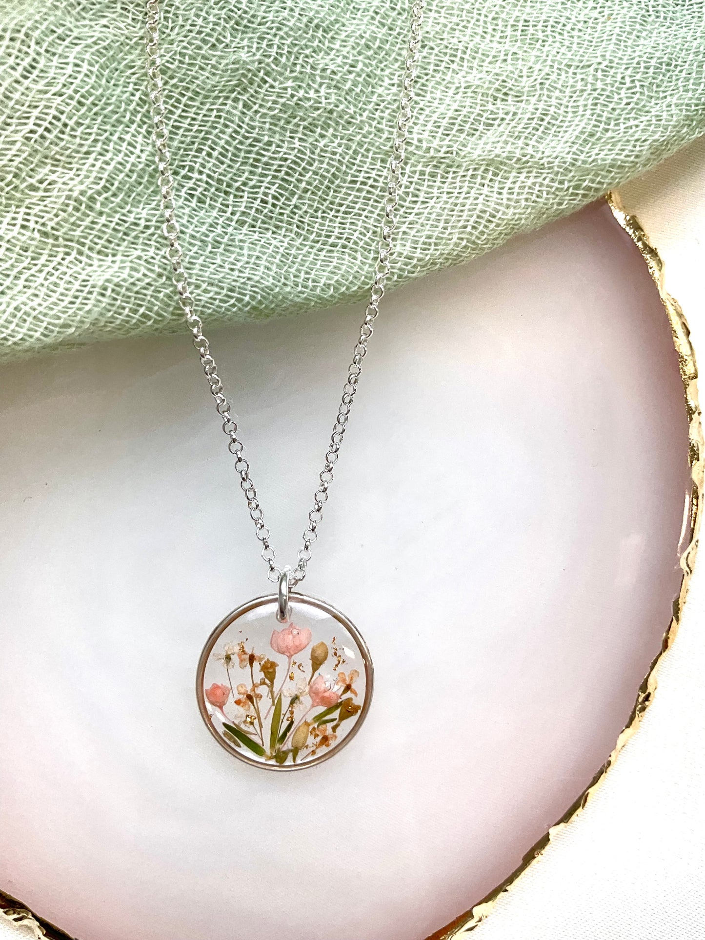 Sterling Silver Birthday Present - Dried Flower Resin Necklace