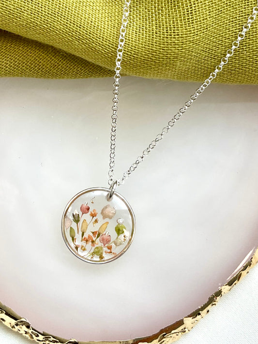 Sterling Silver Birthday Gifts - Floral Resin Circle Necklace