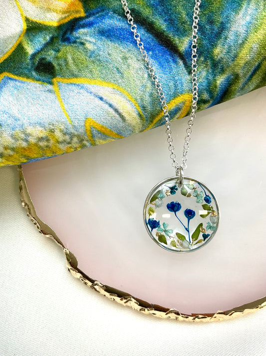 Sterling Silver Floral Resin Pendant – Dried Flower Necklace